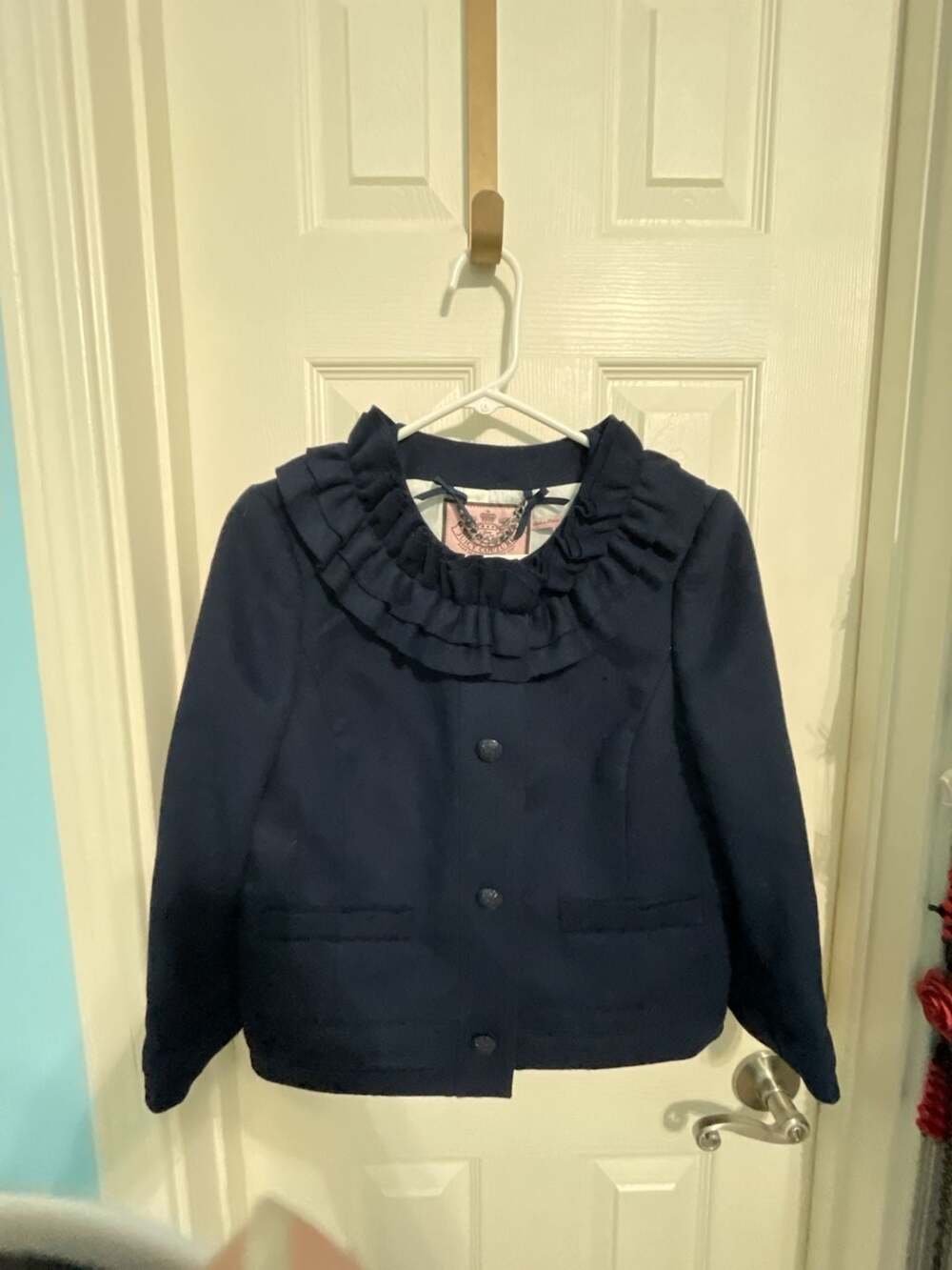 Juicy Couture Regal Love Story Navy Blue Ruffled Neck Cropped Jacket